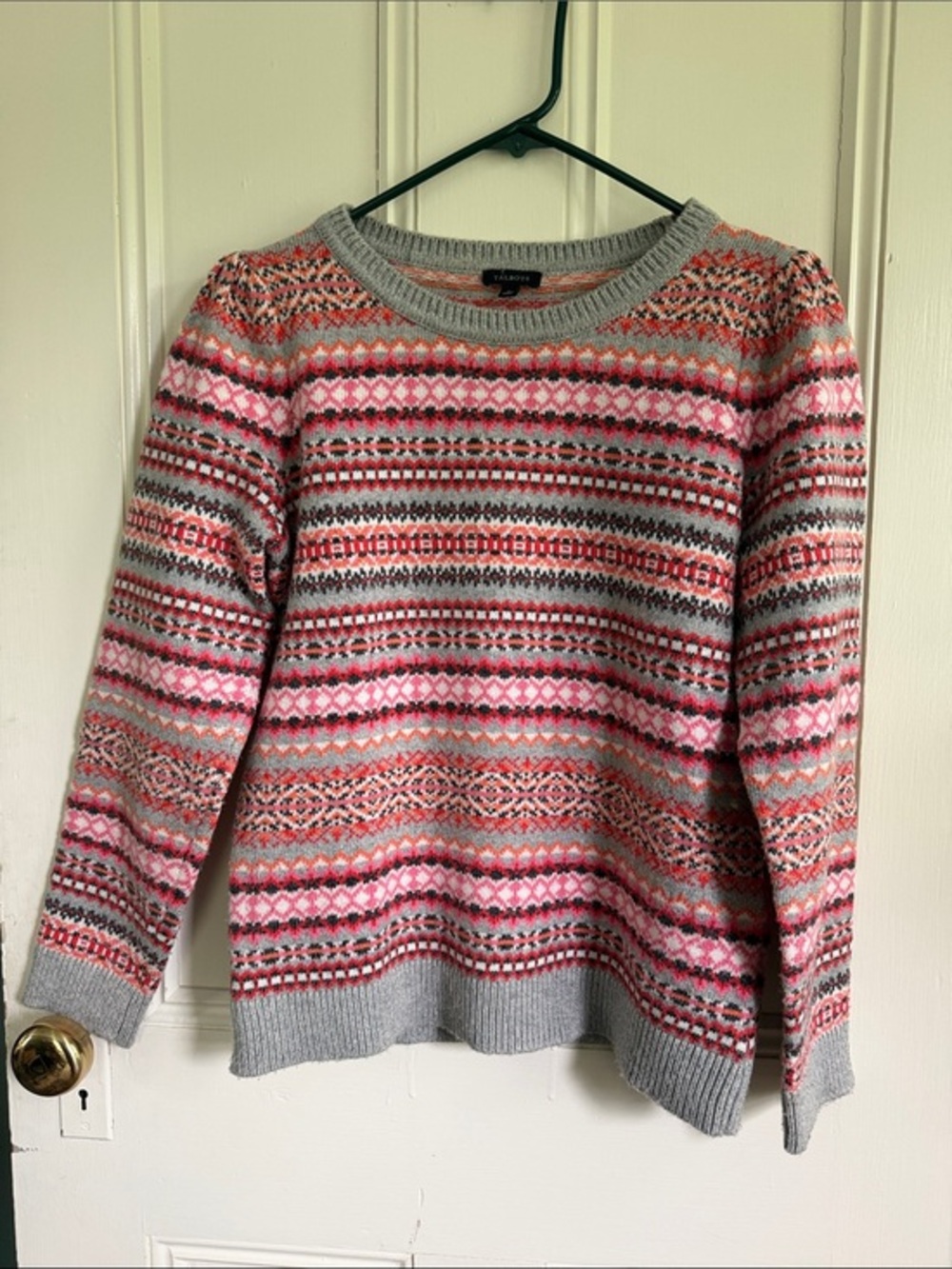 Talbots Gray Fair Isle Crewneck Sweater with Pink and Coral Accents